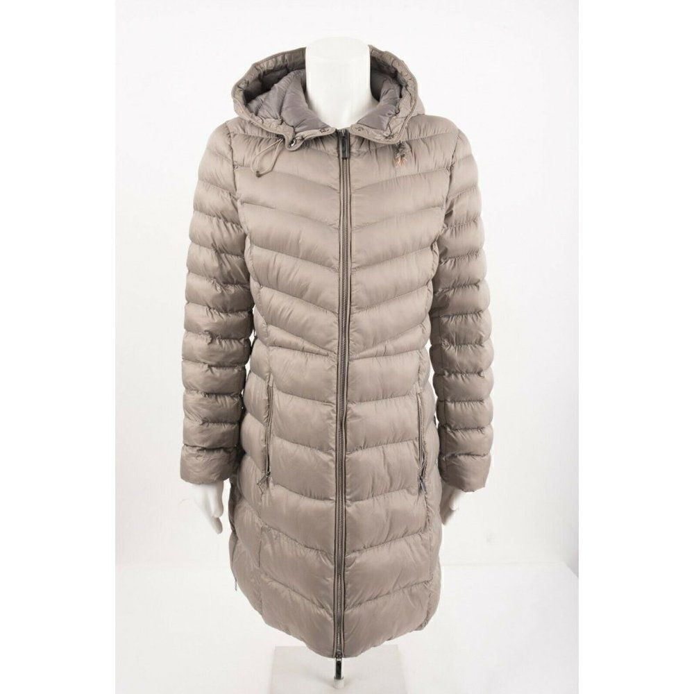 Massimo Dutti Womans Gray Puffer Coat Jacket Mid Length Hood M 8719/509 Packable
